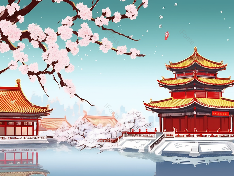 国风西湖大寒小雪时节盛开的梅花和古风建筑倒映在平静的湖面上彩色的雪景手绘插画,插画/手绘图,插画/手绘图库,插画/手绘图下载,插画/手绘